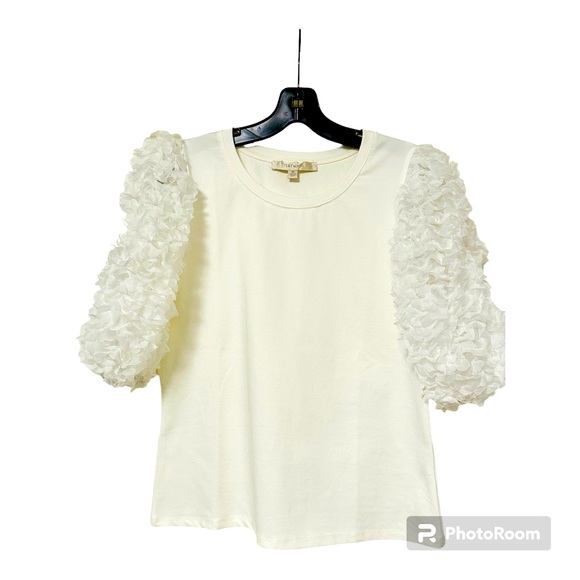 Anthropologie Rare Flat White Ruffle Sleeve Top Size M - Picture 1 of 7